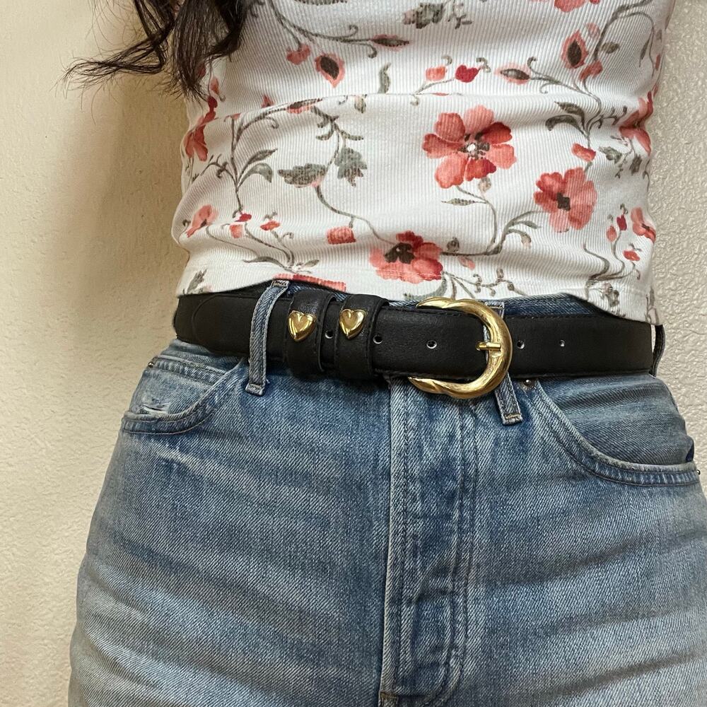 Selle’s black leather belt gold heart studded Vera pelle 95 / 37” long